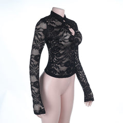 Self tie hollow out long sleeve lace solid cut out top