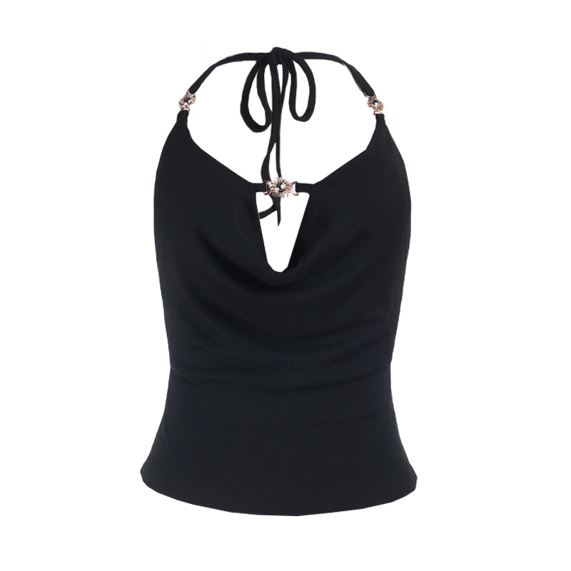 Halter self tie hollow out backless solid cut out top
