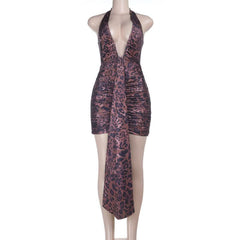Leopard print v neck ruched halter self tie mini dress