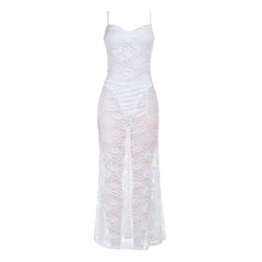 Lace ruched button v neck cami maxi skirt set
