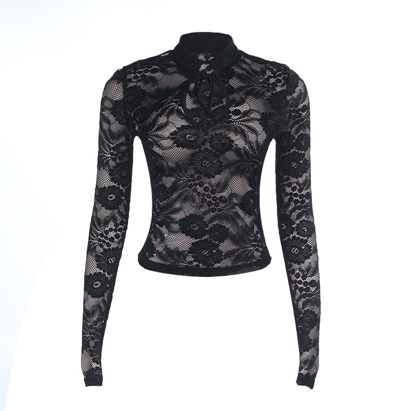 Self tie hollow out long sleeve lace solid cut out top