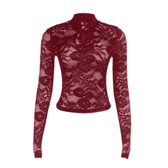 Self tie hollow out long sleeve lace solid cut out top