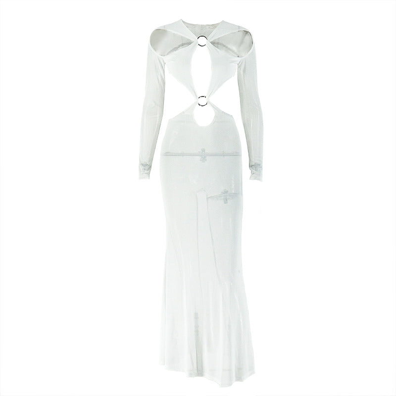 Hollow out o ring long sleeve mesh cut out maxi dress
