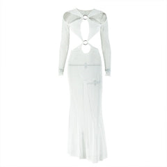 Hollow out o ring long sleeve mesh cut out maxi dress