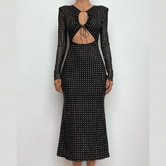Polka dot contrast hollow out long sleeve mesh cut out midi dress