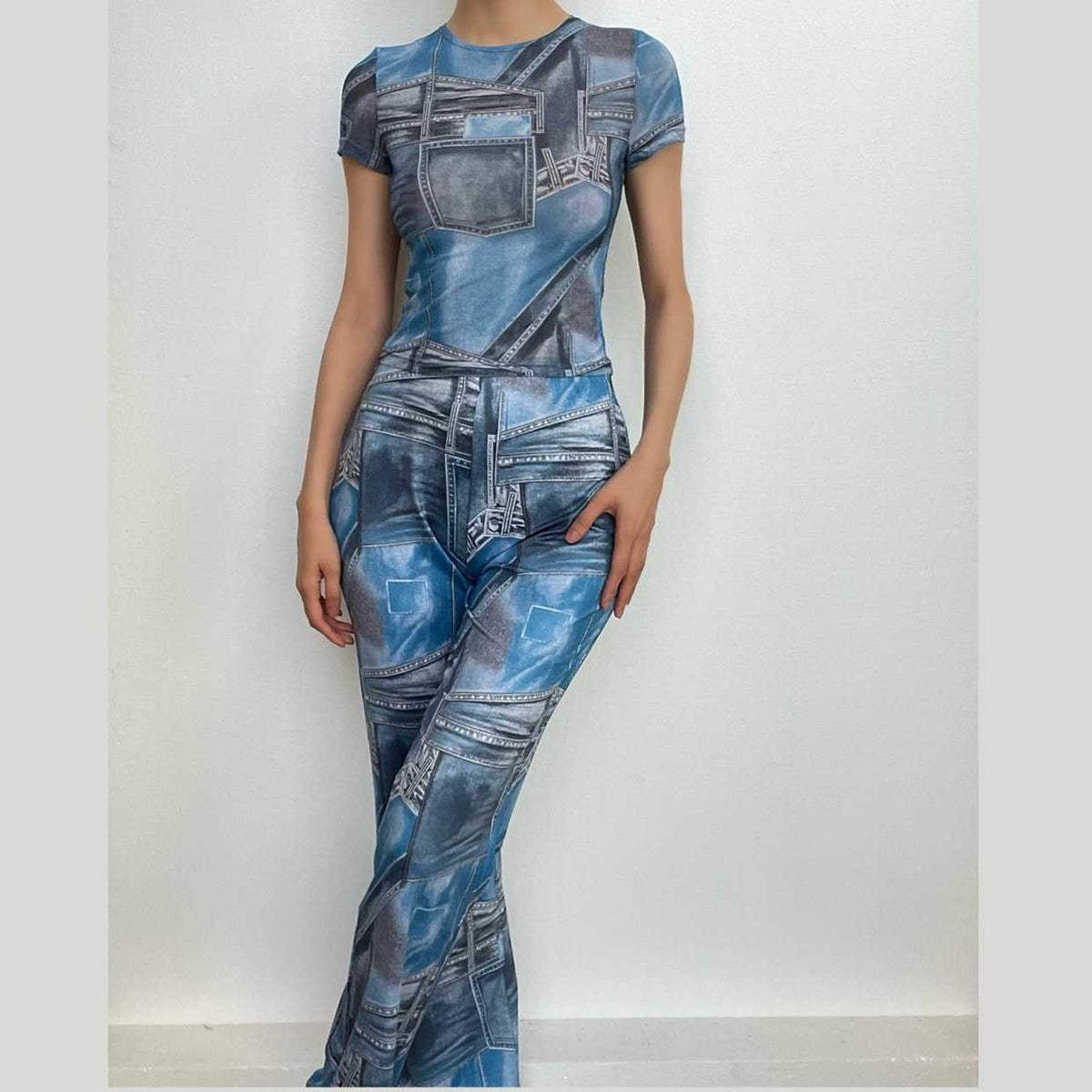 Denim print contrast short sleeve crewneck pant set-final-sale