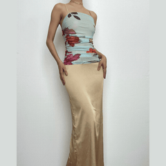 Ruched flower print zip-up square neck contrast slit maxi dress-final-sale