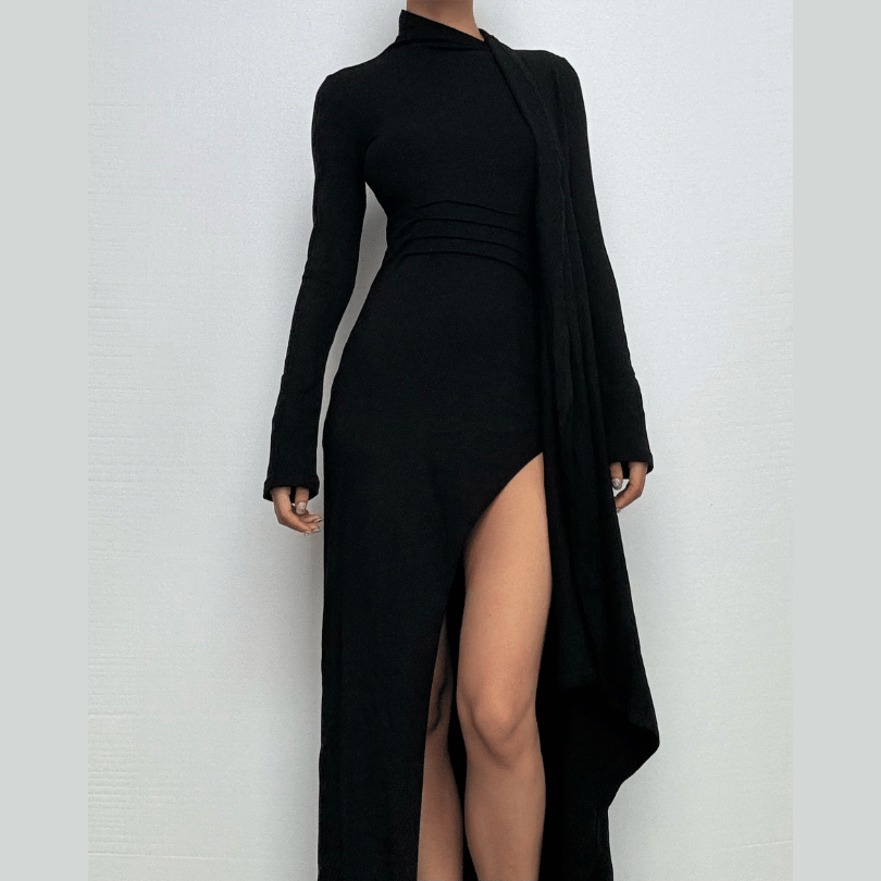 Long sleeve slit high neck solid maxi dress-final-sale