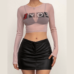 Long sleeve "LOVE" pattern crewneck sheer mesh crop top