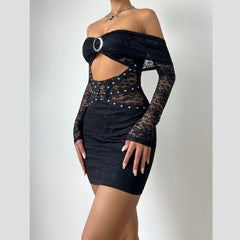 Off shoulder long sleeve o ring lace hollow out cut out mini dress