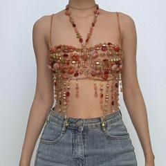 Metal chain hollow out halter beaded cami cut out top
