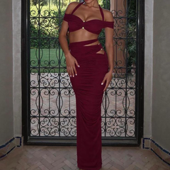 Halter ruched hollow out print v neck maxi skirt set