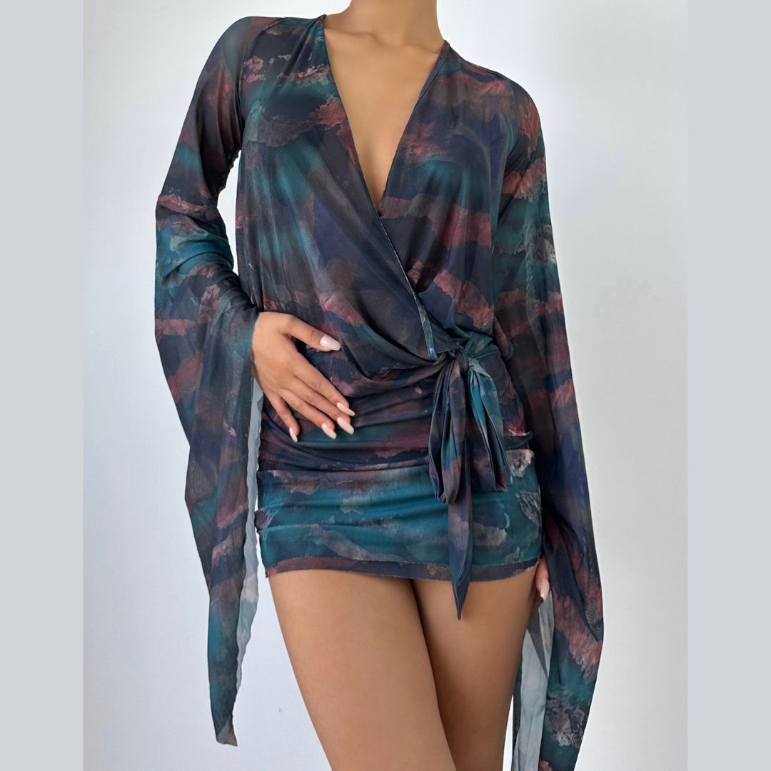 Long sleeve deep v neck mesh print mini dress