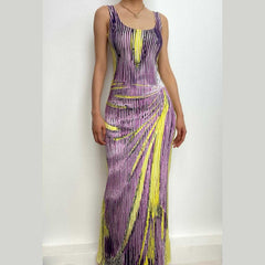 Body pattern contrast u neck sleeveless backless maxi dress-final-sale