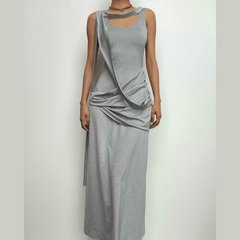 Ruched solid sleeveless u neck irregular midi dress-final-sale