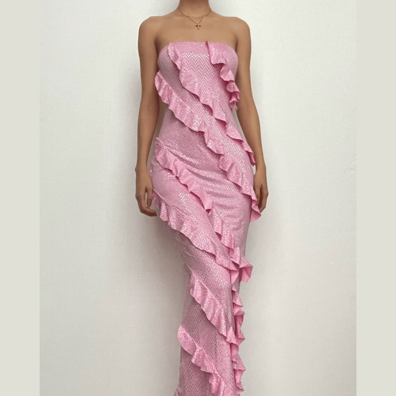 Ruffle textured ruched backless tube midi dress
