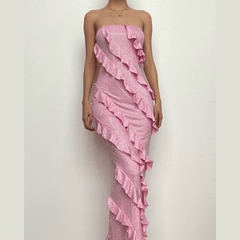 Ruffle textured ruched backless tube midi dress