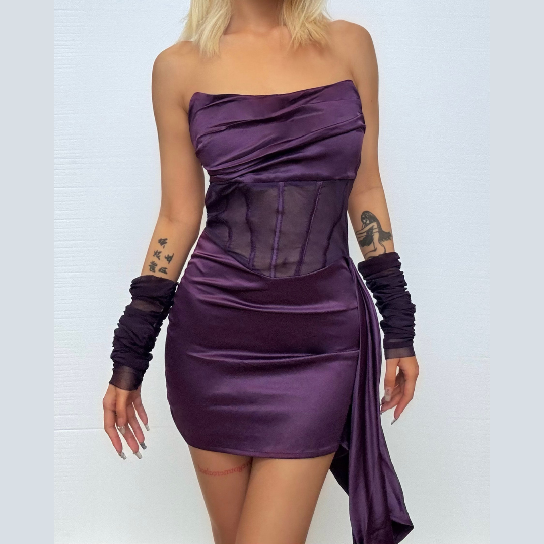 Ruched zip-up mesh corset irregular tube mini dress