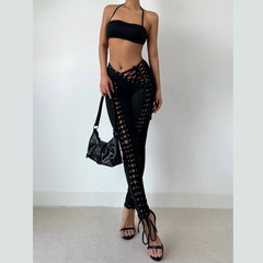 Self tie halter square neck lace up pant set