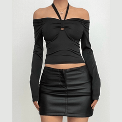 Long sleeve off shoulder halter ruched backless solid hollow out cut out top