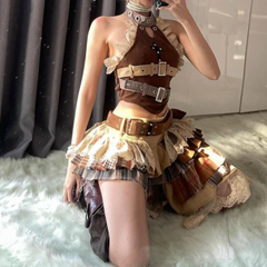 Lace hem buckle hollow out pleated mini skirt set