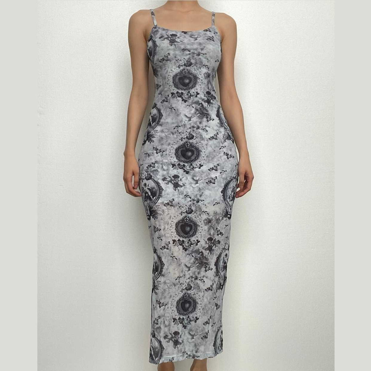 Slit contrast print sheer mesh see through u neck cami midi dress