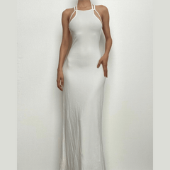 Halter solid sleeveless backless self tie maxi dress