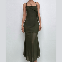 Ruffle irregular mesh cross back cami midi dress