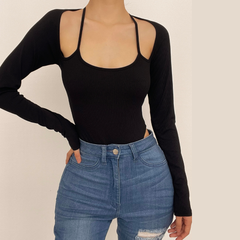 Halter solid ribbed long sleeve low cut bodysuit-final-sale