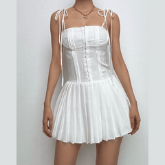 Pleated solid corset button self tie zip-up mini dress