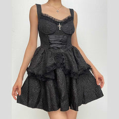 Backless lace up zip-up textured solid lace hem mini dress | victorian gothic dresses-final-sale