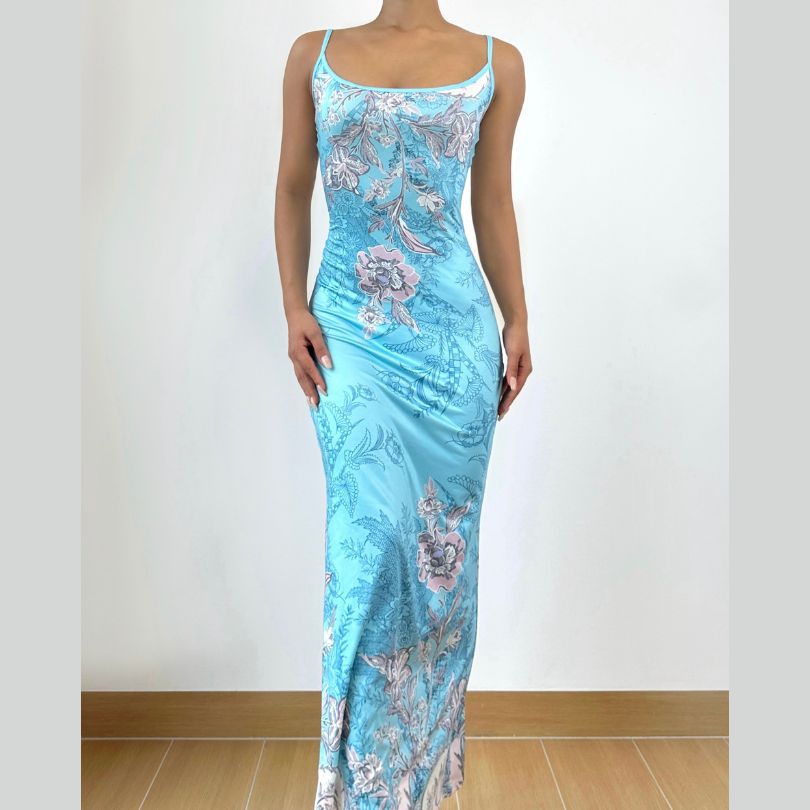 Flower print u neck backless cami maxi dress