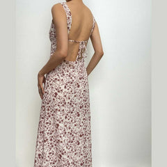Contrast flower print slit irregular backless midi dress-final-sale