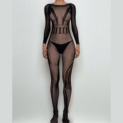 Long sleeve fishnet hollow out solid bodystocking