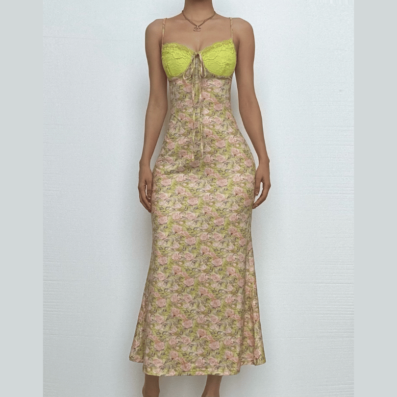 Sweetheart neck lace flower print knotted cami maxi dress