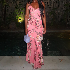 V neck flower print ruffle cami maxi dress