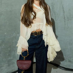Long sleeve ruffle v neck see through top