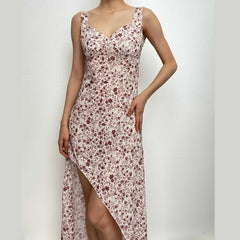 Contrast flower print slit irregular backless midi dress-final-sale