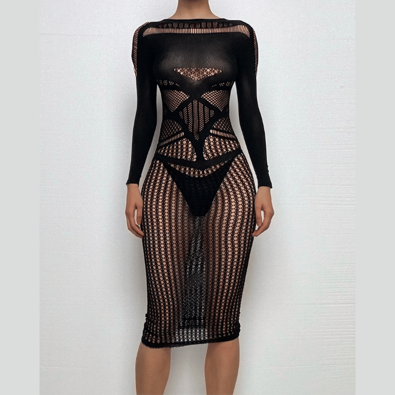 Long sleeve crewneck hollow out cut out maxi dress