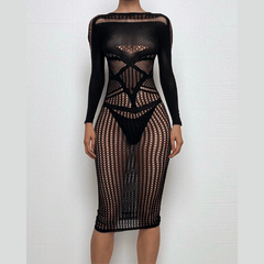 Long sleeve crewneck hollow out cut out maxi dress