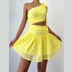 One shoulder chiffon self tie irregular mini dress
