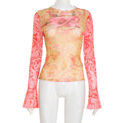 Long sleeve crewneck print beaded sheer mesh top