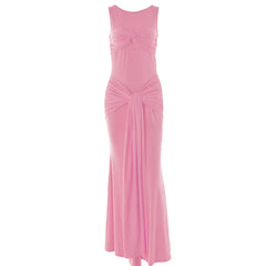 Sleeveless crewneck ruched knotted solid maxi dress