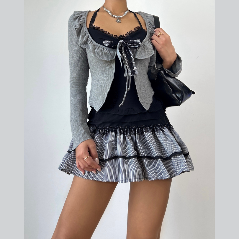 Long sleeve bowknot ruffle 3 piece mini skirt set