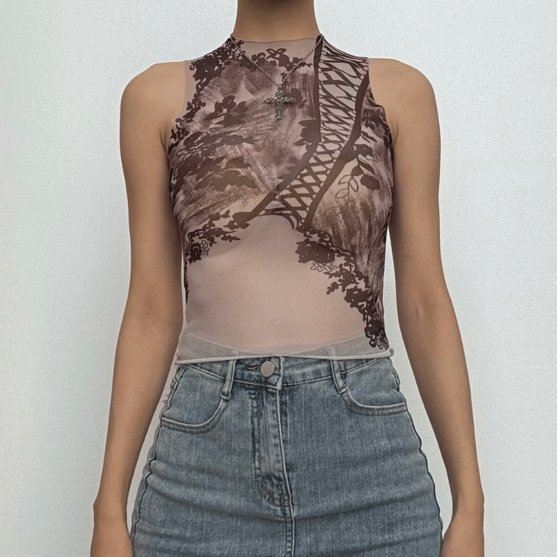 Sleeveless high neck print sheer mesh top
