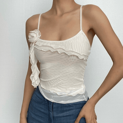 Sheer mesh flower applique ruffle u neck irregular crop top