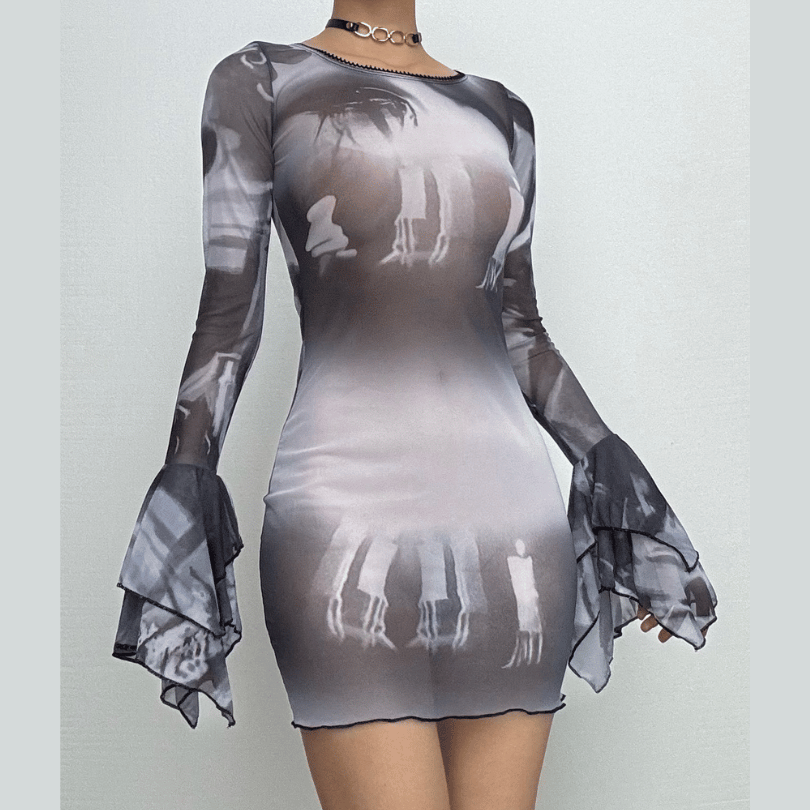 Long flared sleeve sheer mesh print ruffle mini dress-final-sale