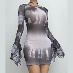 Long flared sleeve sheer mesh print ruffle mini dress-final-sale