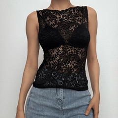 Lace see through round neck solid top