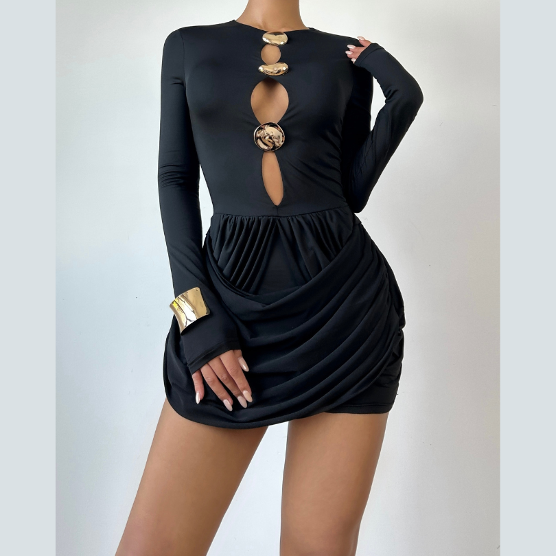 Long sleeve ruched hollow out cut out mini dress